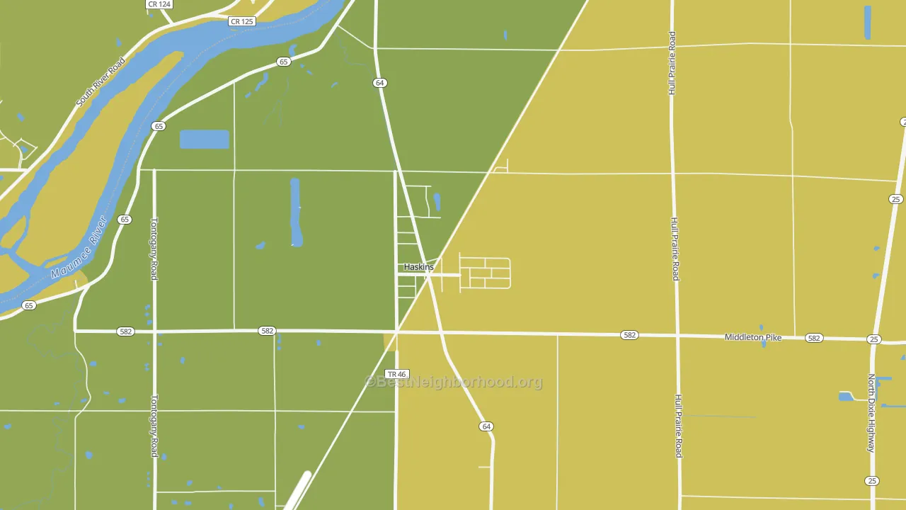 Map of the best neighborhoods in the 43525 area, with better matches in green and worse matches in red