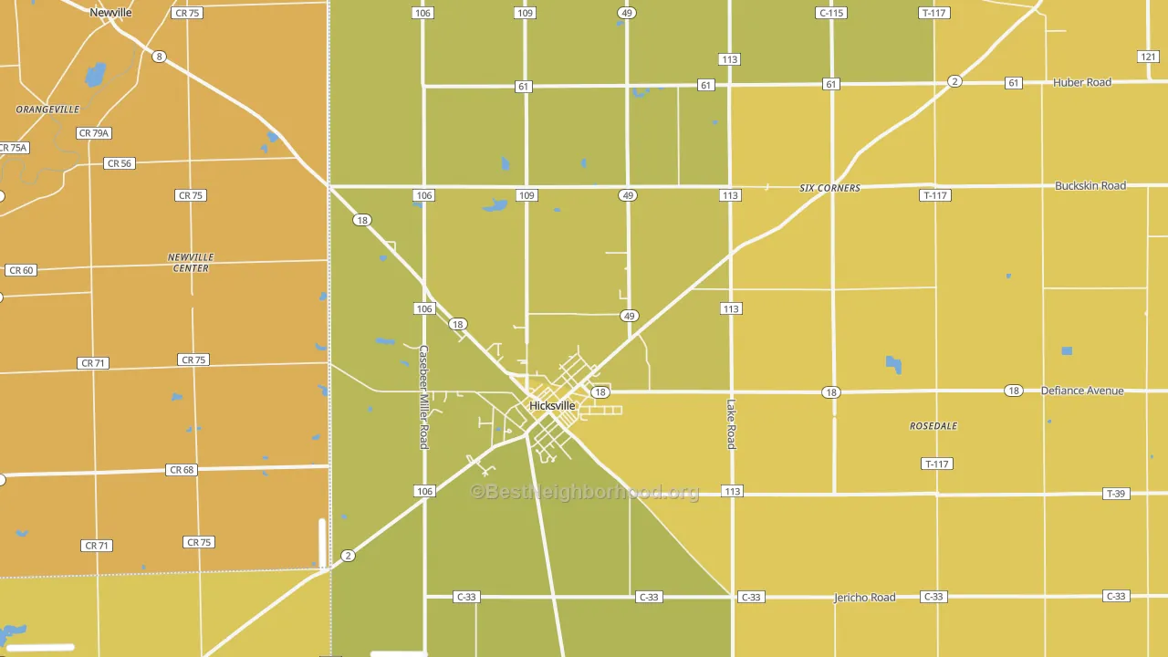 Map of the best neighborhoods in the 43526 area, with better matches in green and worse matches in red