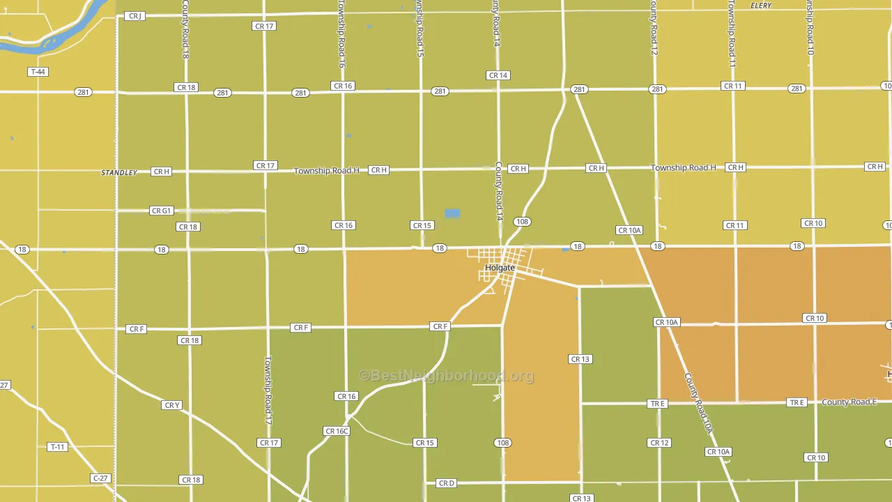 Map of the best neighborhoods in the 43527 area, with better matches in green and worse matches in red