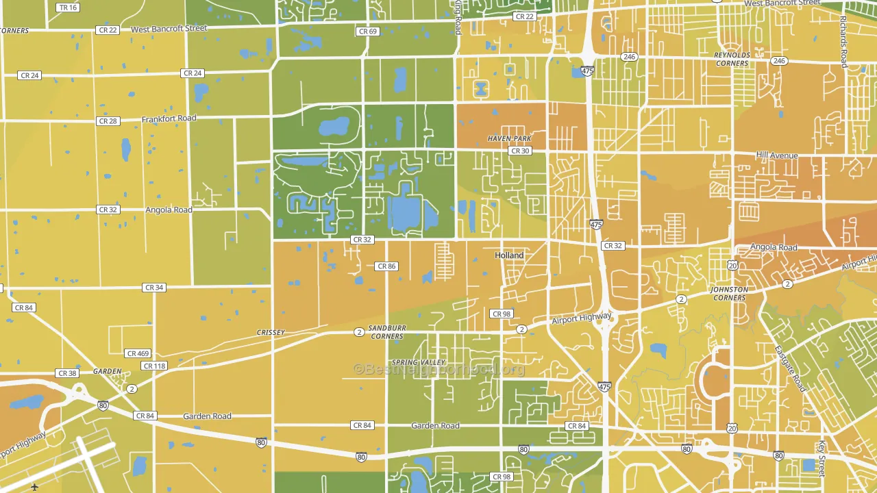 Map of the best neighborhoods in the 43528 area, with better matches in green and worse matches in red