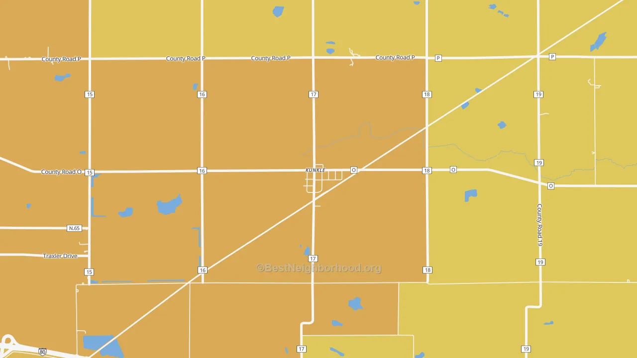 Map of the best neighborhoods in the 43531 area, with better matches in green and worse matches in red