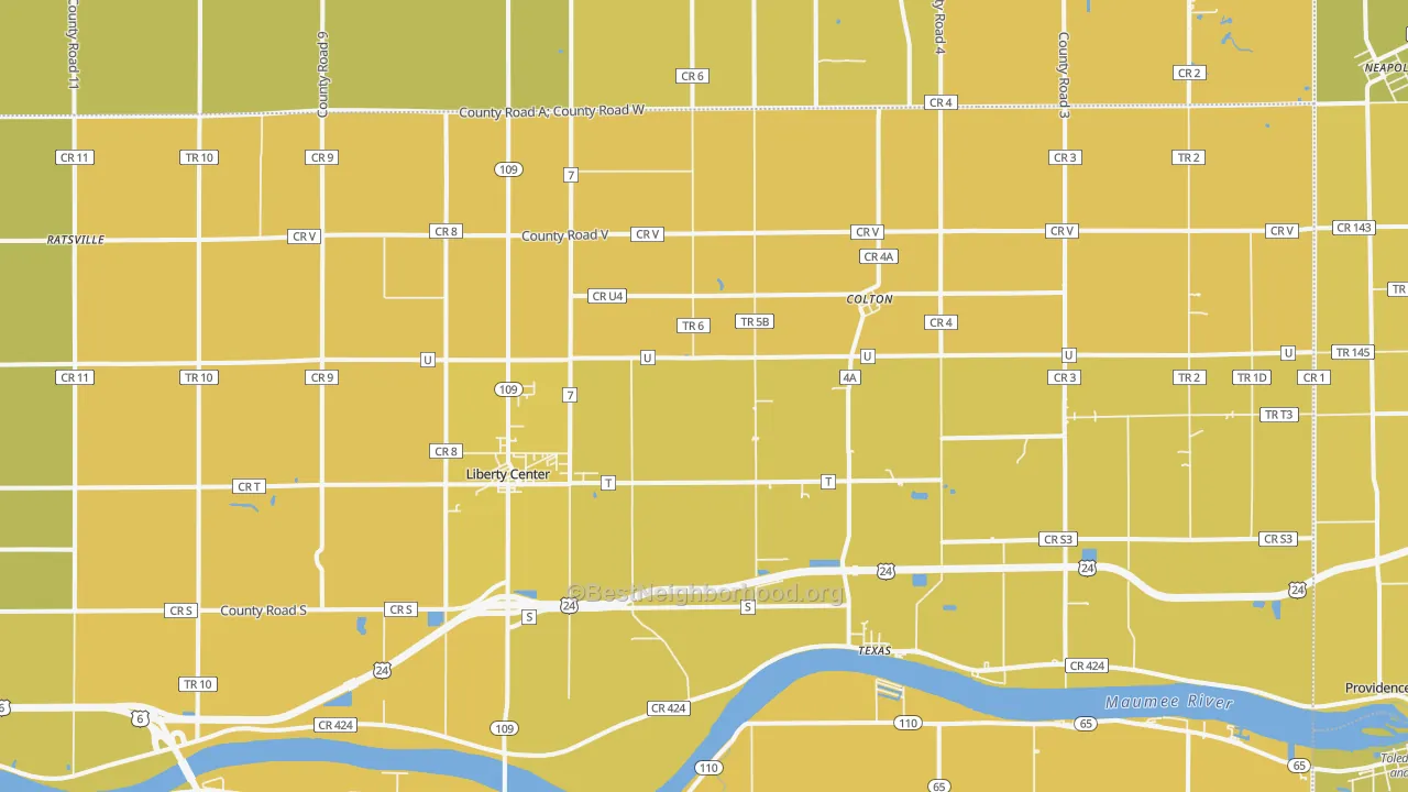 Map of the best neighborhoods in the 43532 area, with better matches in green and worse matches in red