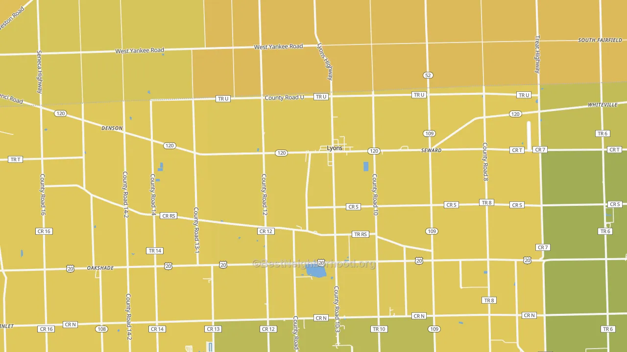 Map of the best neighborhoods in the 43533 area, with better matches in green and worse matches in red