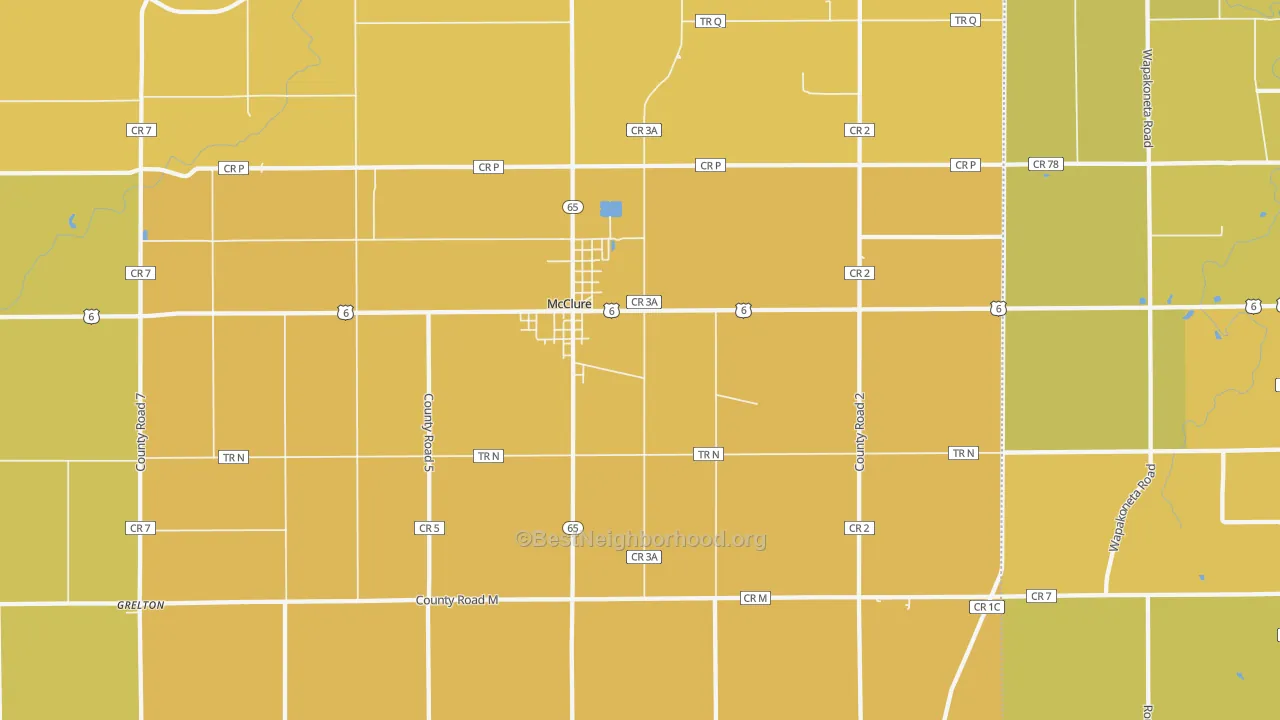 Map of the best neighborhoods in the 43534 area, with better matches in green and worse matches in red