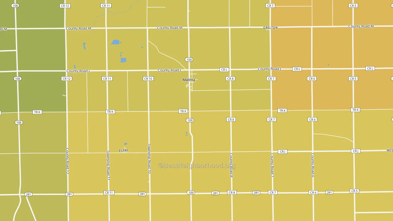 Map of the best neighborhoods in the 43535 area, with better matches in green and worse matches in red