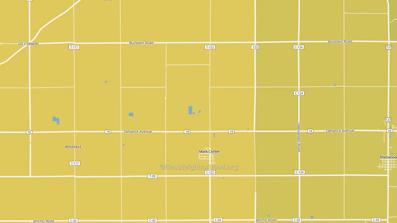 Map of the best neighborhoods in the 43536 area, with better matches in green and worse matches in red