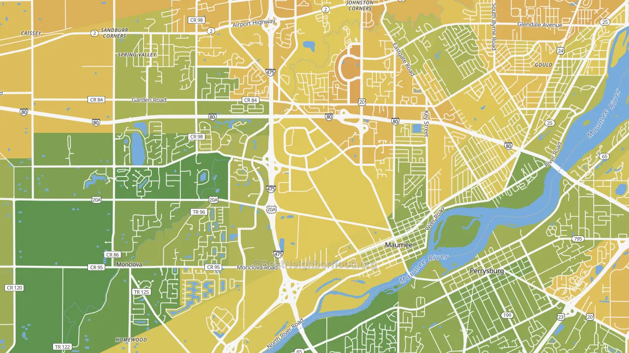 Map of the best neighborhoods in the 43537 area, with better matches in green and worse matches in red
