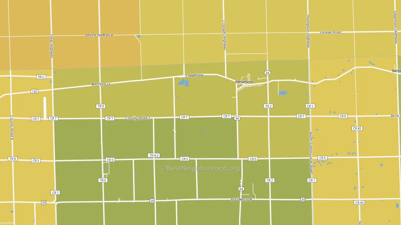 Map of the best neighborhoods in the 43540 area, with better matches in green and worse matches in red