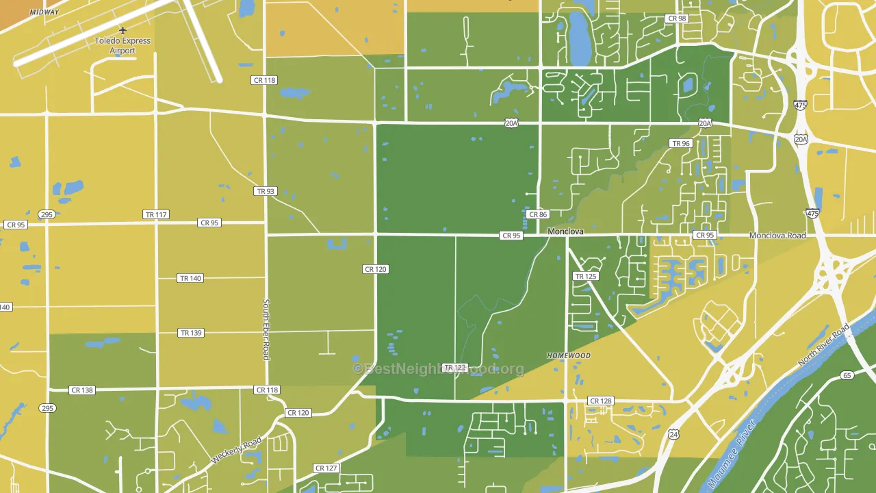 Map of the best neighborhoods in the 43542 area, with better matches in green and worse matches in red