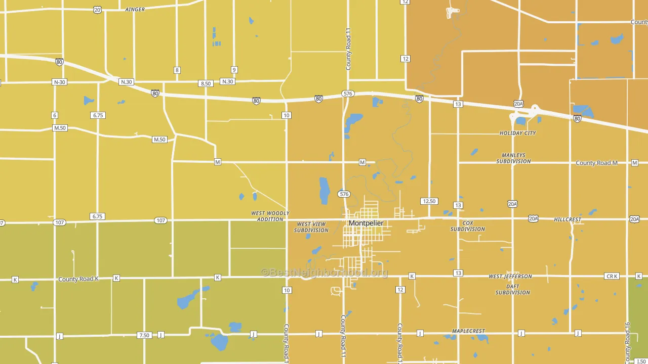 Map of the best neighborhoods in the 43543 area, with better matches in green and worse matches in red