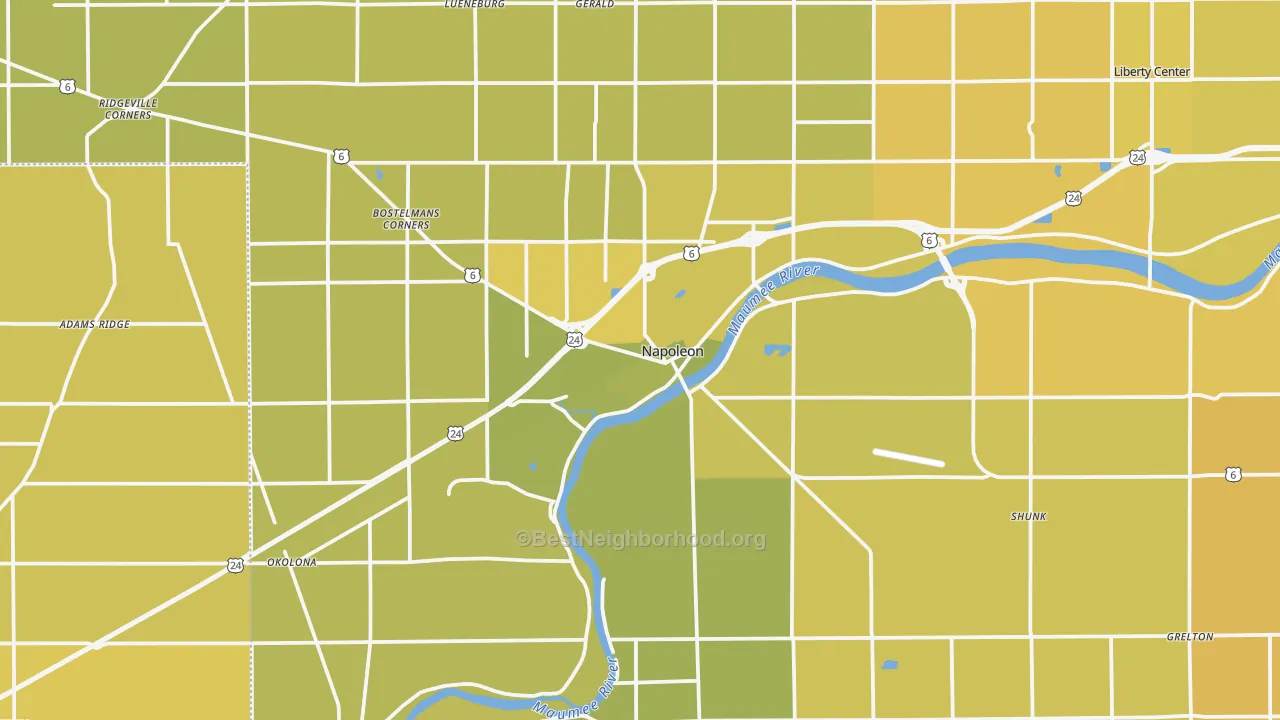 Map of the best neighborhoods in the 43545 area, with better matches in green and worse matches in red