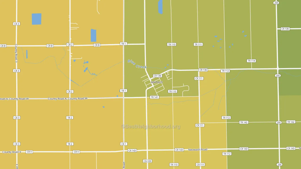 Map of the best neighborhoods in the 43547 area, with better matches in green and worse matches in red