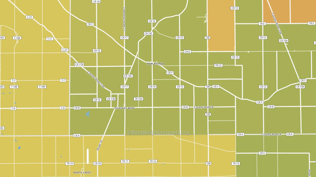 Map of the best neighborhoods in the 43548 area, with better matches in green and worse matches in red