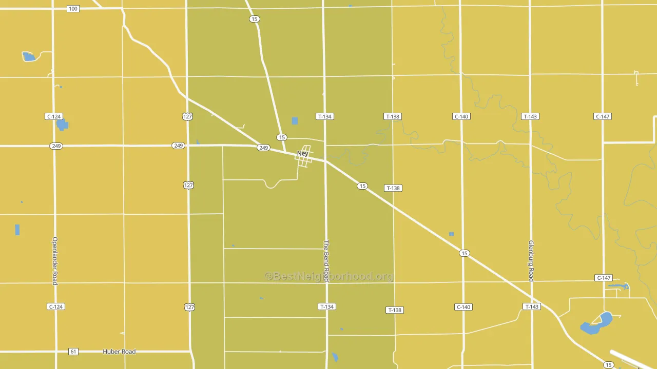 Map of the best neighborhoods in the 43549 area, with better matches in green and worse matches in red