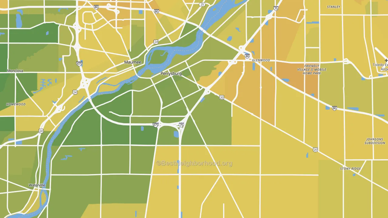 Map of the best neighborhoods in the 43551 area, with better matches in green and worse matches in red