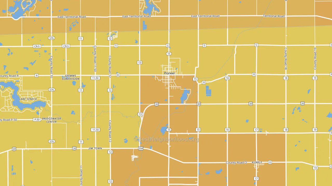 Map of the best neighborhoods in the 43554 area, with better matches in green and worse matches in red