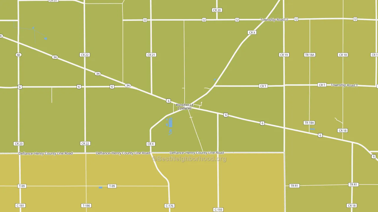 Map of the best neighborhoods in the 43555 area, with better matches in green and worse matches in red