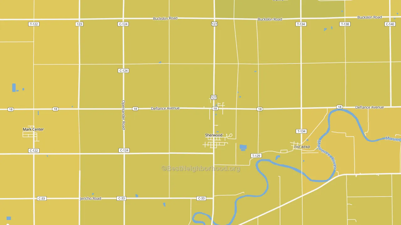Map of the best neighborhoods in the 43556 area, with better matches in green and worse matches in red