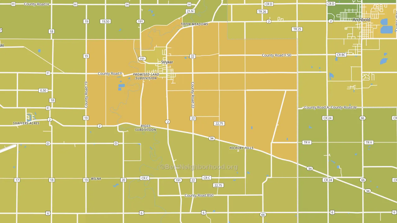 Map of the best neighborhoods in the 43557 area, with better matches in green and worse matches in red