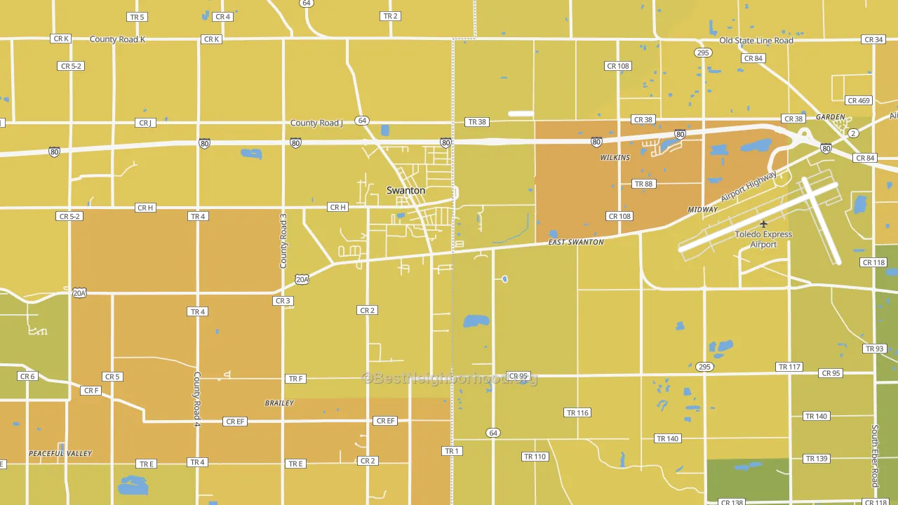 Map of the best neighborhoods in the 43558 area, with better matches in green and worse matches in red