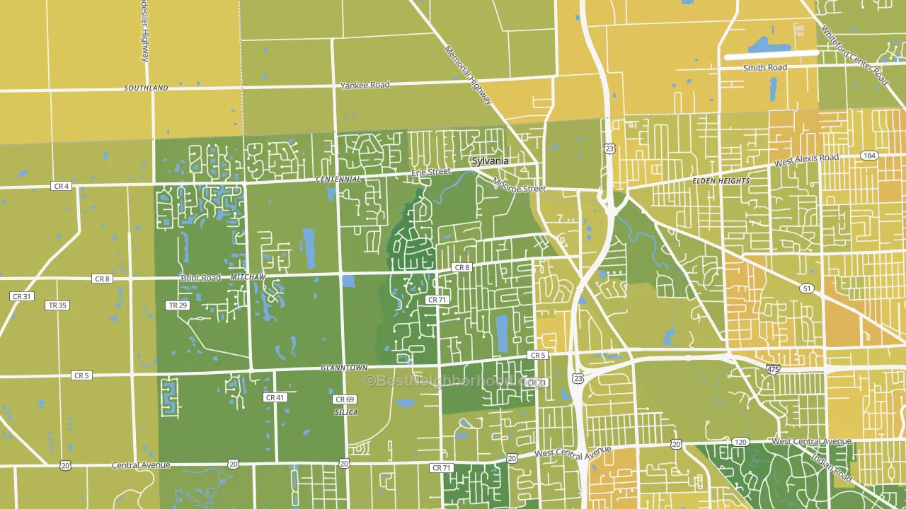 Map of the best neighborhoods in the 43560 area, with better matches in green and worse matches in red
