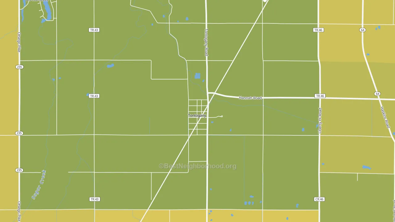 Map of the best neighborhoods in the 43565 area, with better matches in green and worse matches in red