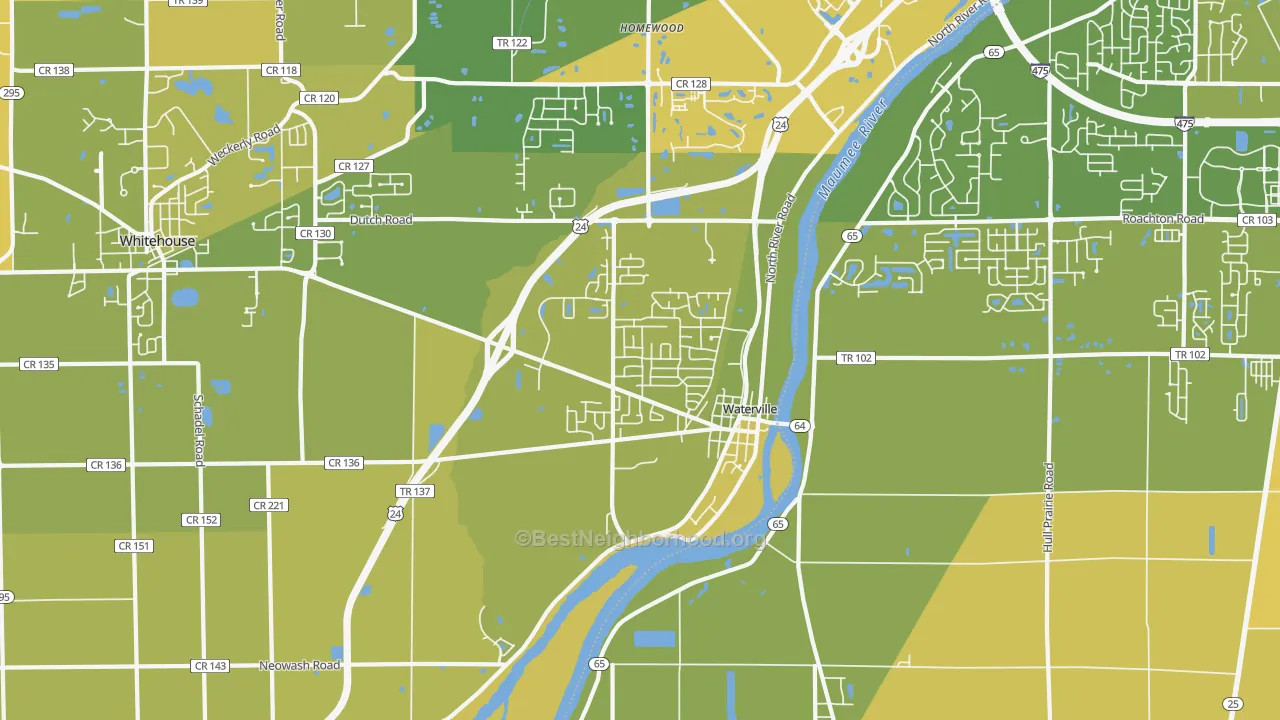 Map of the best neighborhoods in the 43566 area, with better matches in green and worse matches in red