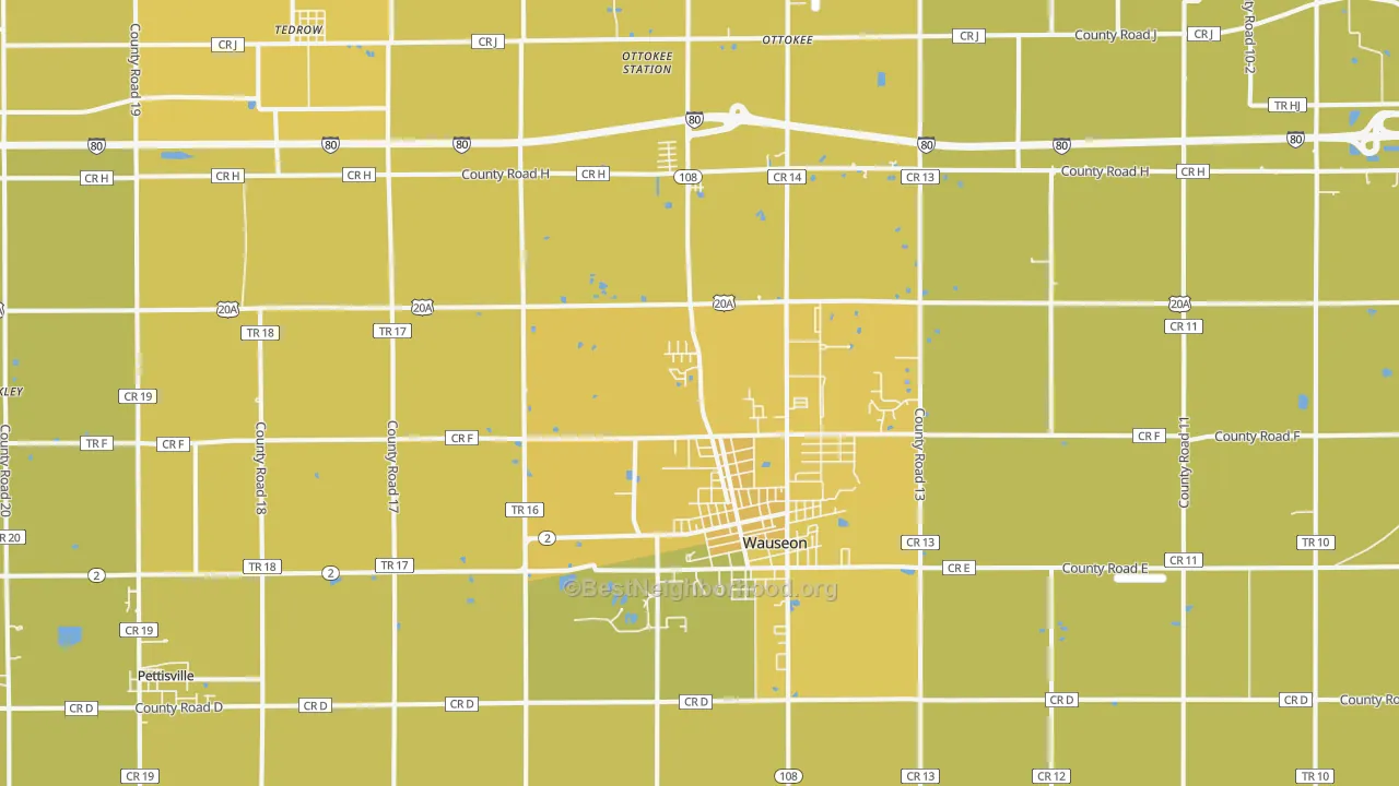 Map of the best neighborhoods in the 43567 area, with better matches in green and worse matches in red
