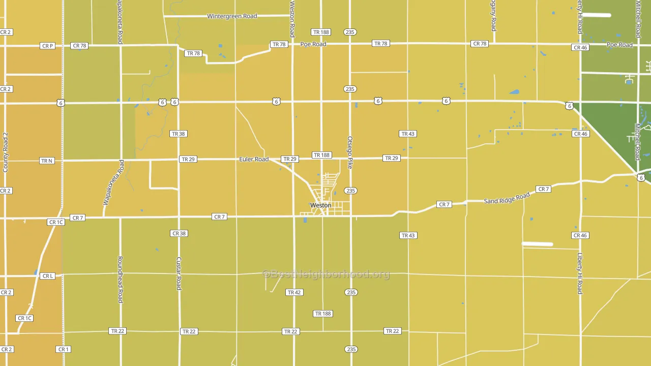 Map of the best neighborhoods in the 43569 area, with better matches in green and worse matches in red
