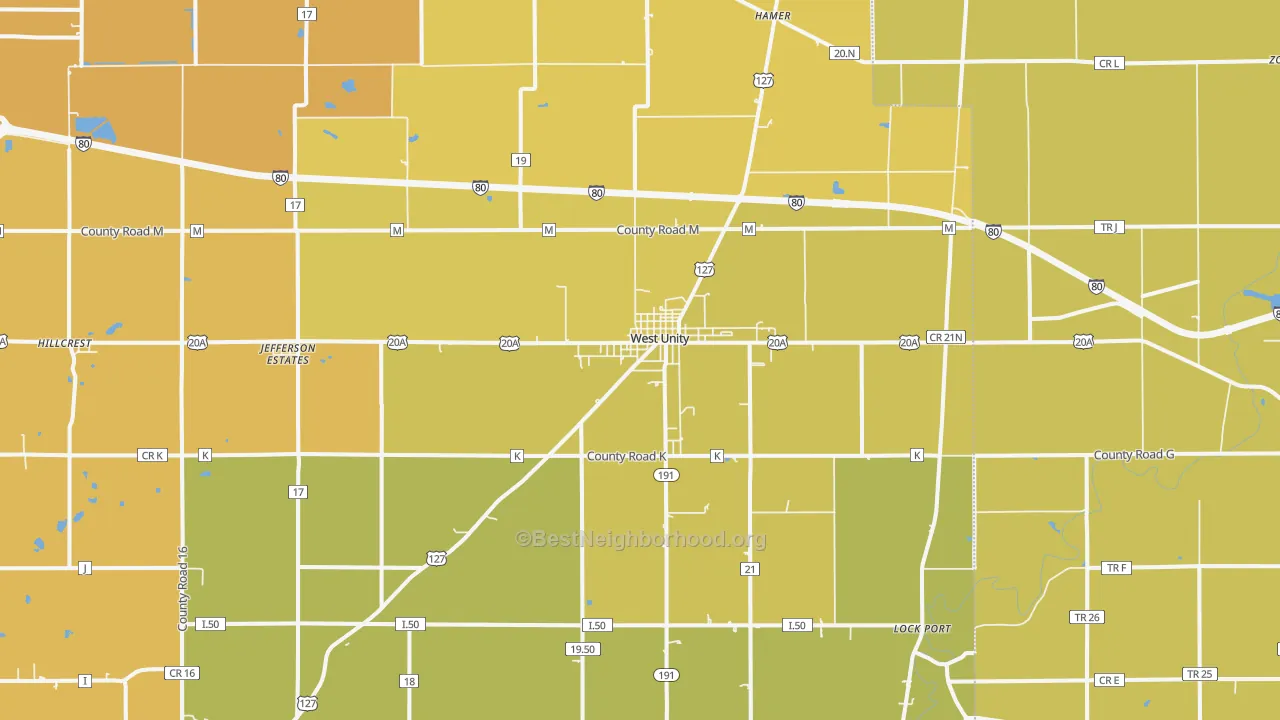 Map of the best neighborhoods in the 43570 area, with better matches in green and worse matches in red