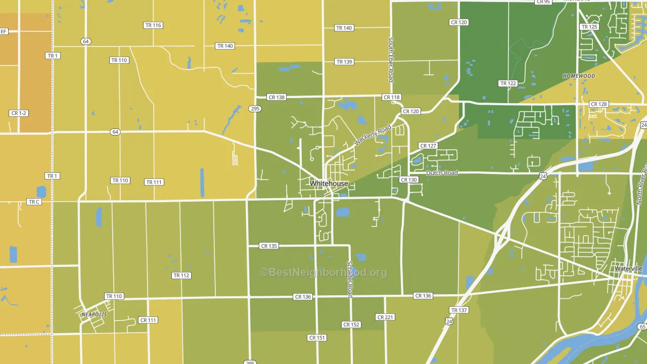Map of the best neighborhoods in the 43571 area, with better matches in green and worse matches in red