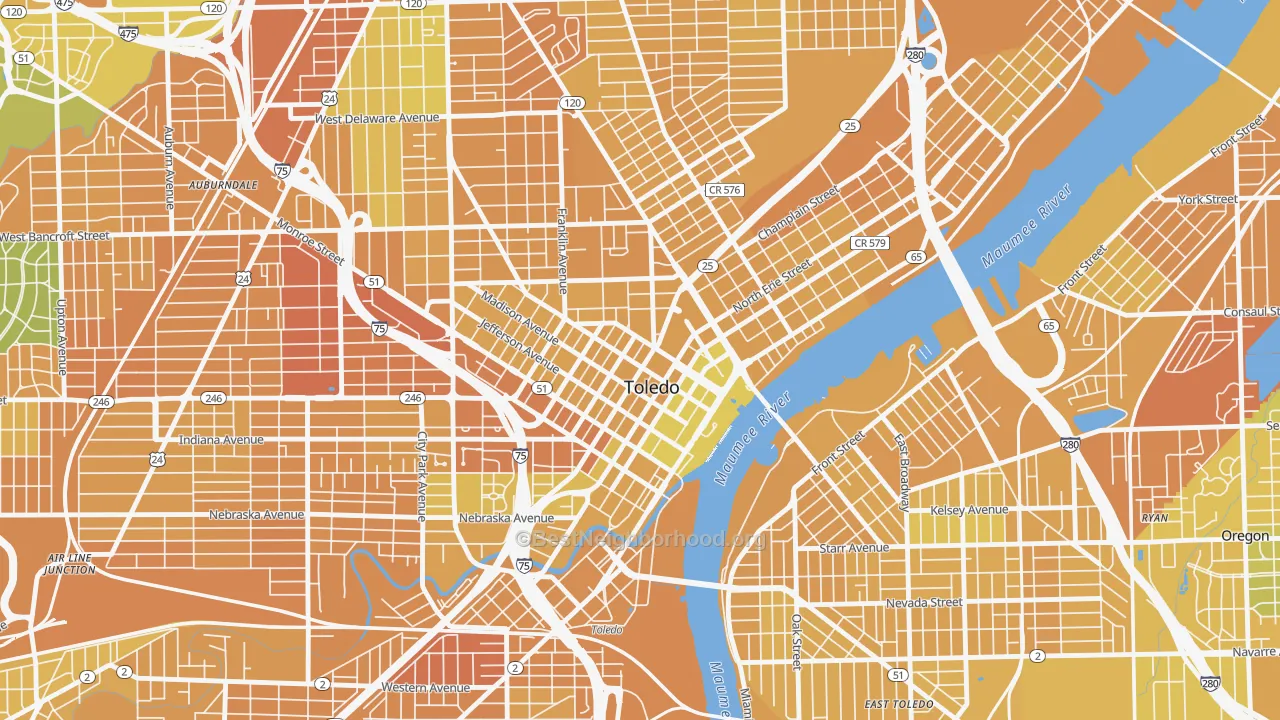 Map of the best neighborhoods in the 43604 area, with better matches in green and worse matches in red