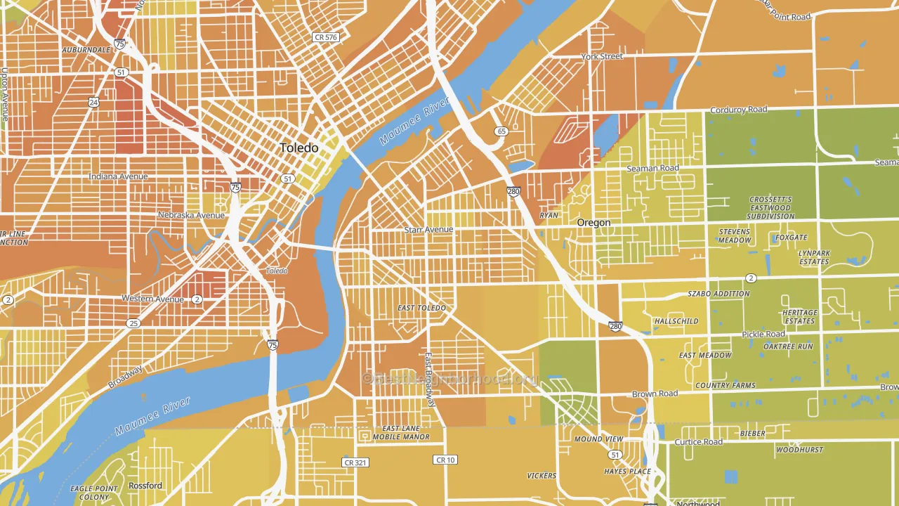 Map of the best neighborhoods in the 43605 area, with better matches in green and worse matches in red