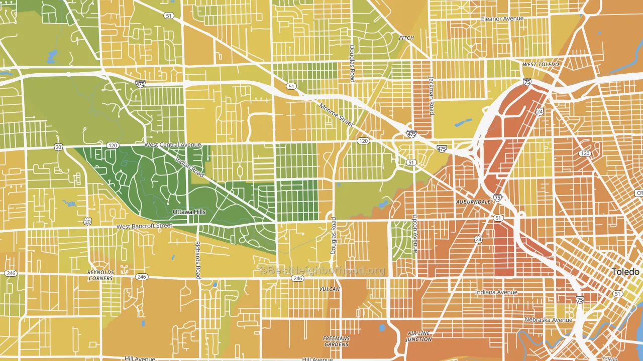 Map of the best neighborhoods in the 43606 area, with better matches in green and worse matches in red