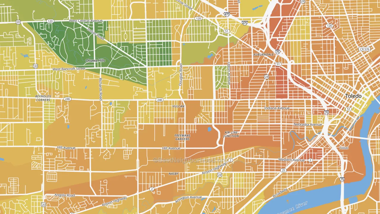 Map of the best neighborhoods in the 43607 area, with better matches in green and worse matches in red
