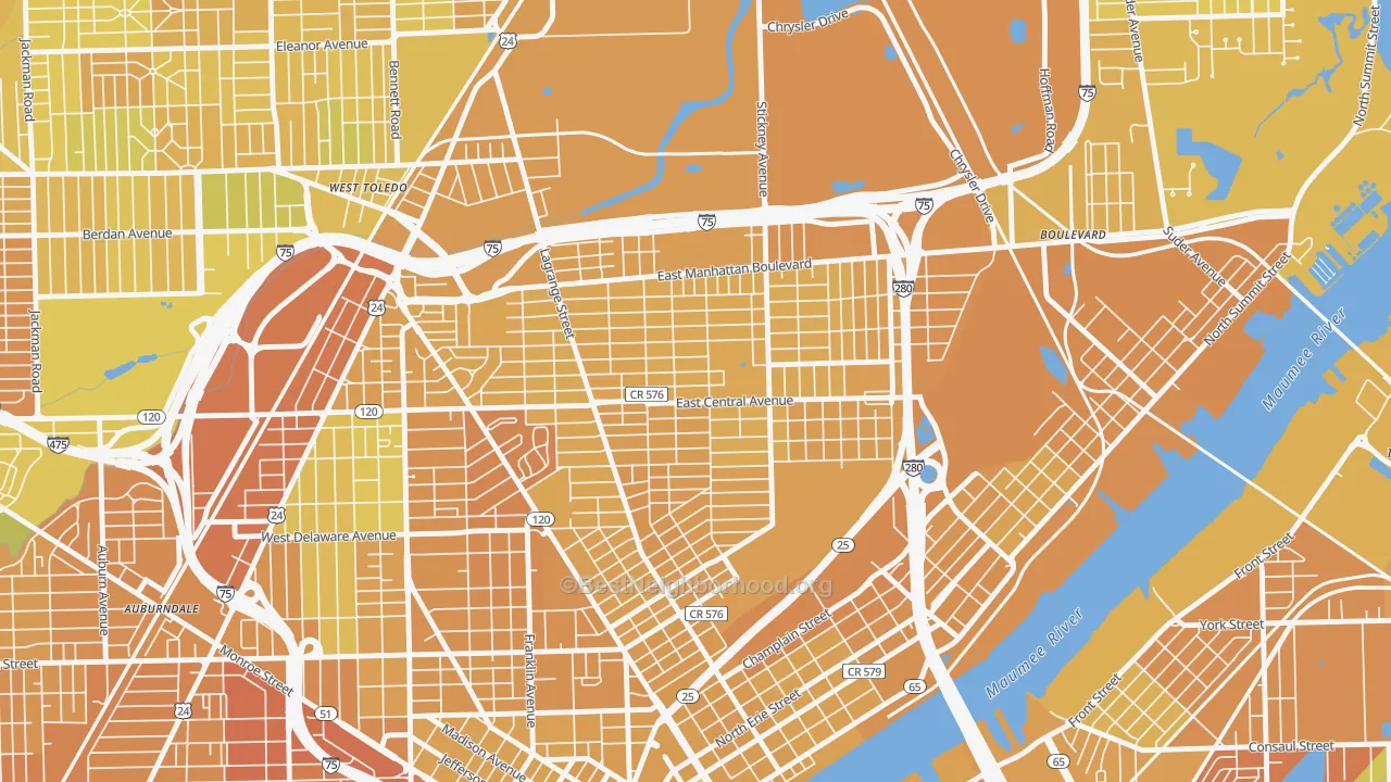 Map of the best neighborhoods in the 43608 area, with better matches in green and worse matches in red