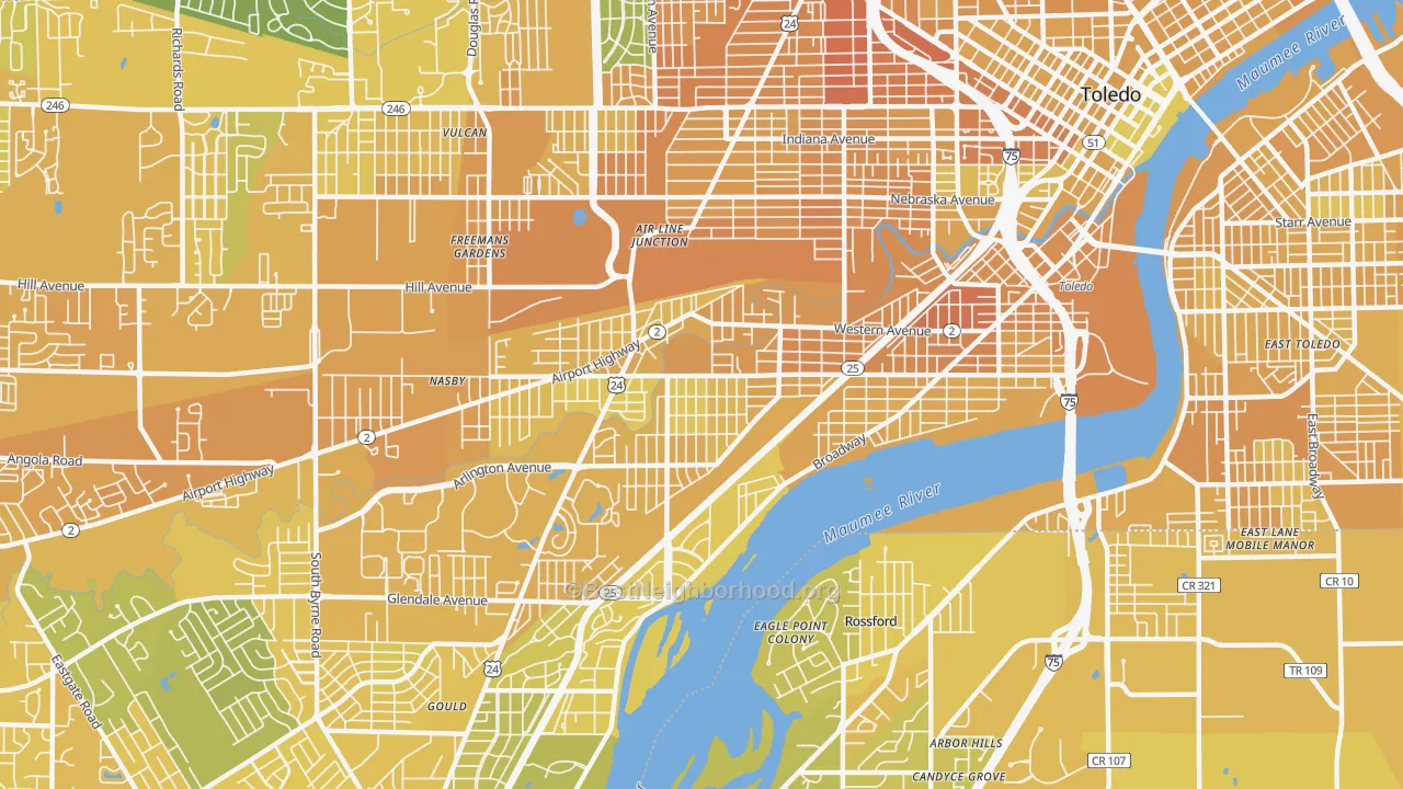 Map of the best neighborhoods in the 43609 area, with better matches in green and worse matches in red