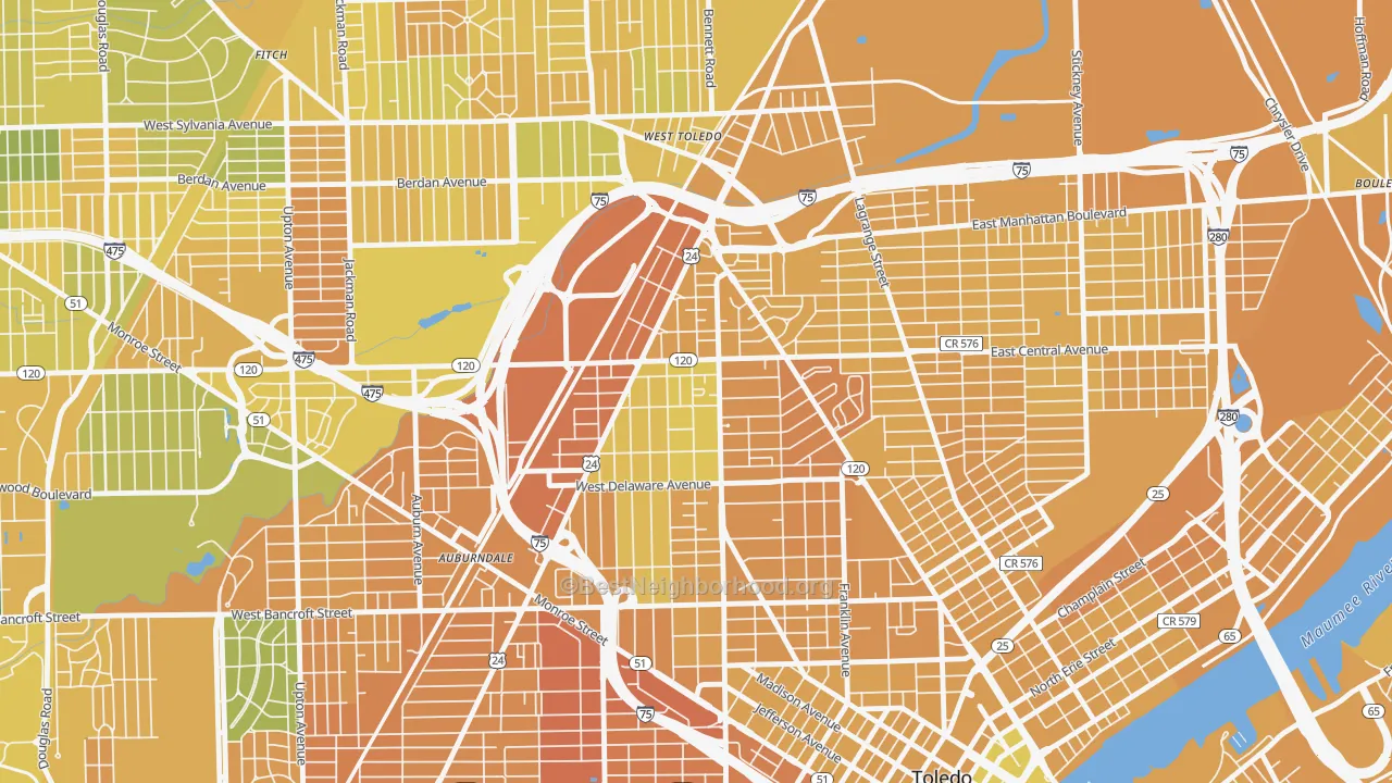 Map of the best neighborhoods in the 43610 area, with better matches in green and worse matches in red