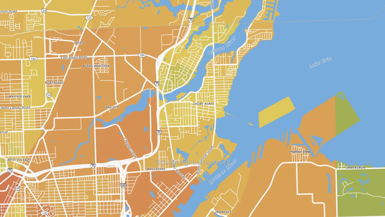 Map of the best neighborhoods in the 43611 area, with better matches in green and worse matches in red