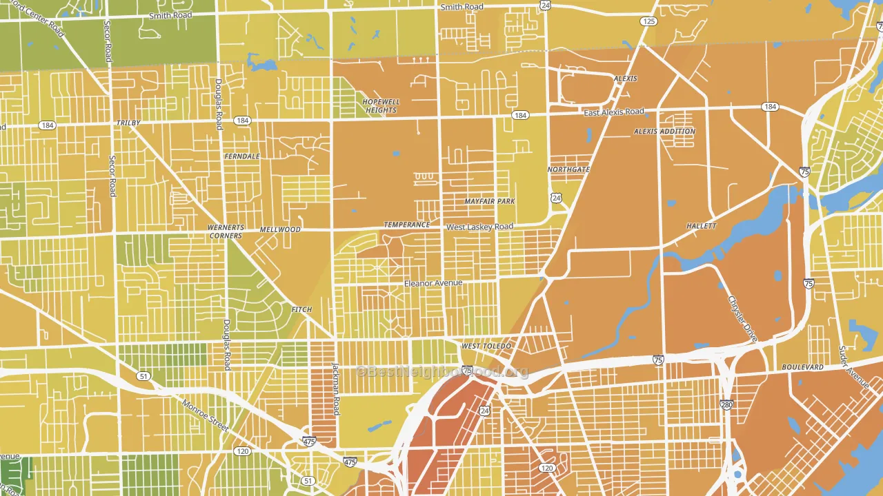 Map of the best neighborhoods in the 43612 area, with better matches in green and worse matches in red