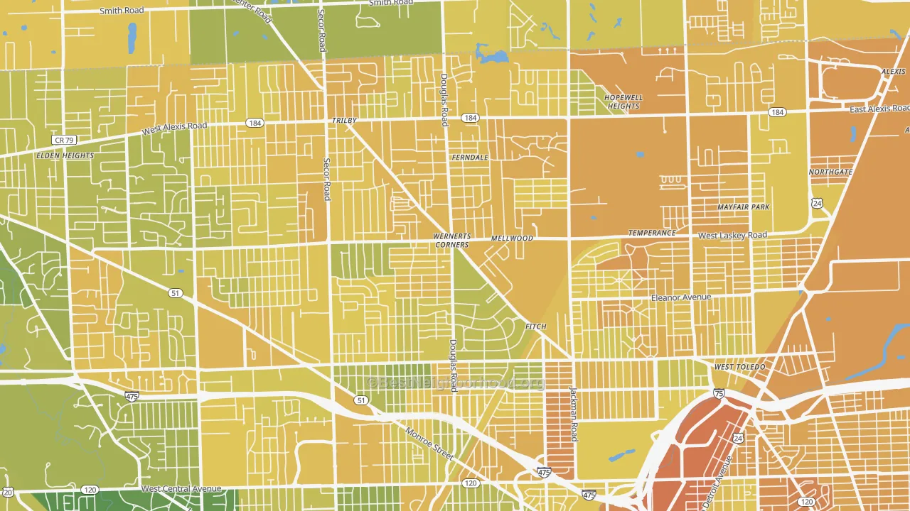Map of the best neighborhoods in the 43613 area, with better matches in green and worse matches in red