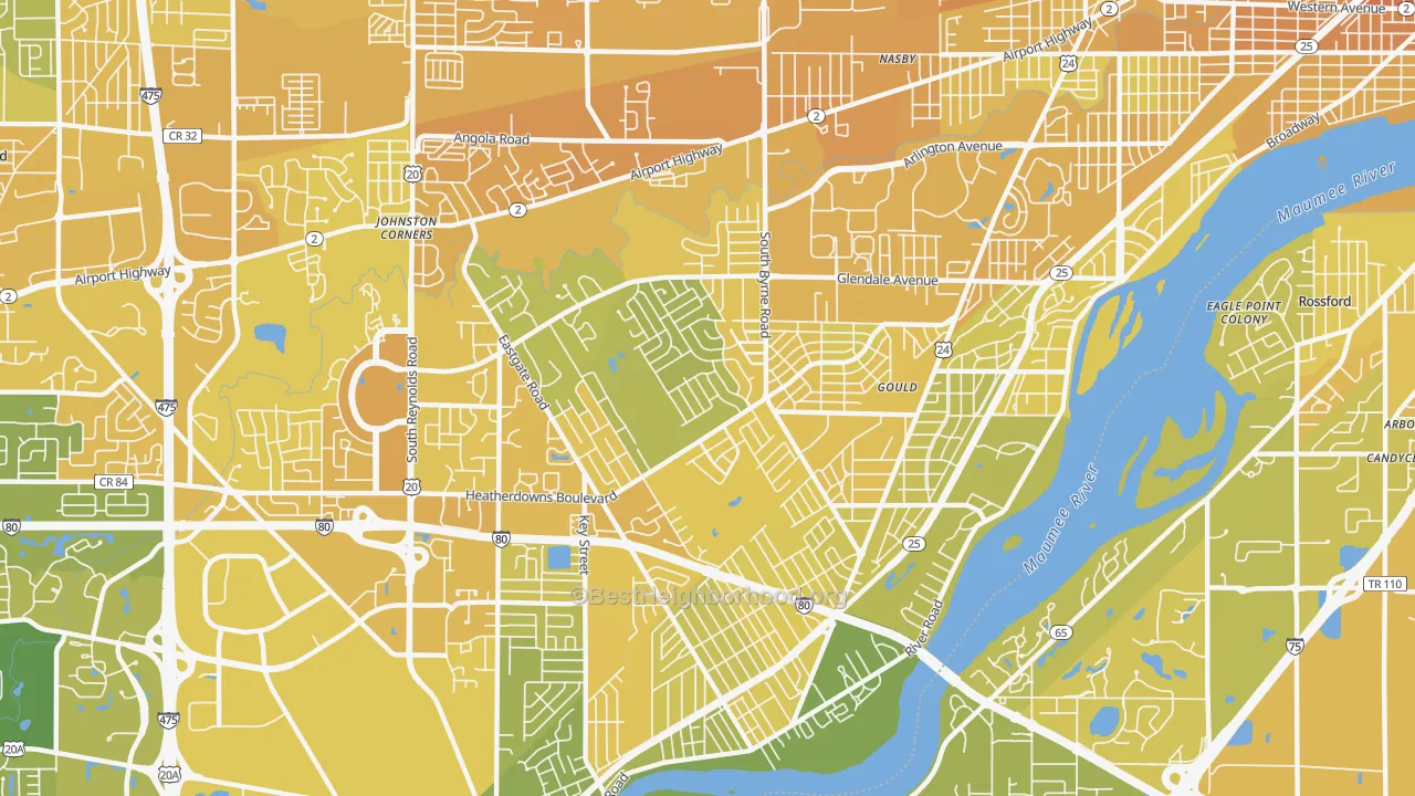 Map of the best neighborhoods in the 43614 area, with better matches in green and worse matches in red