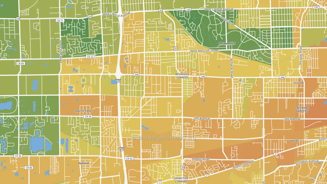 Map of the best neighborhoods in the 43615 area, with better matches in green and worse matches in red