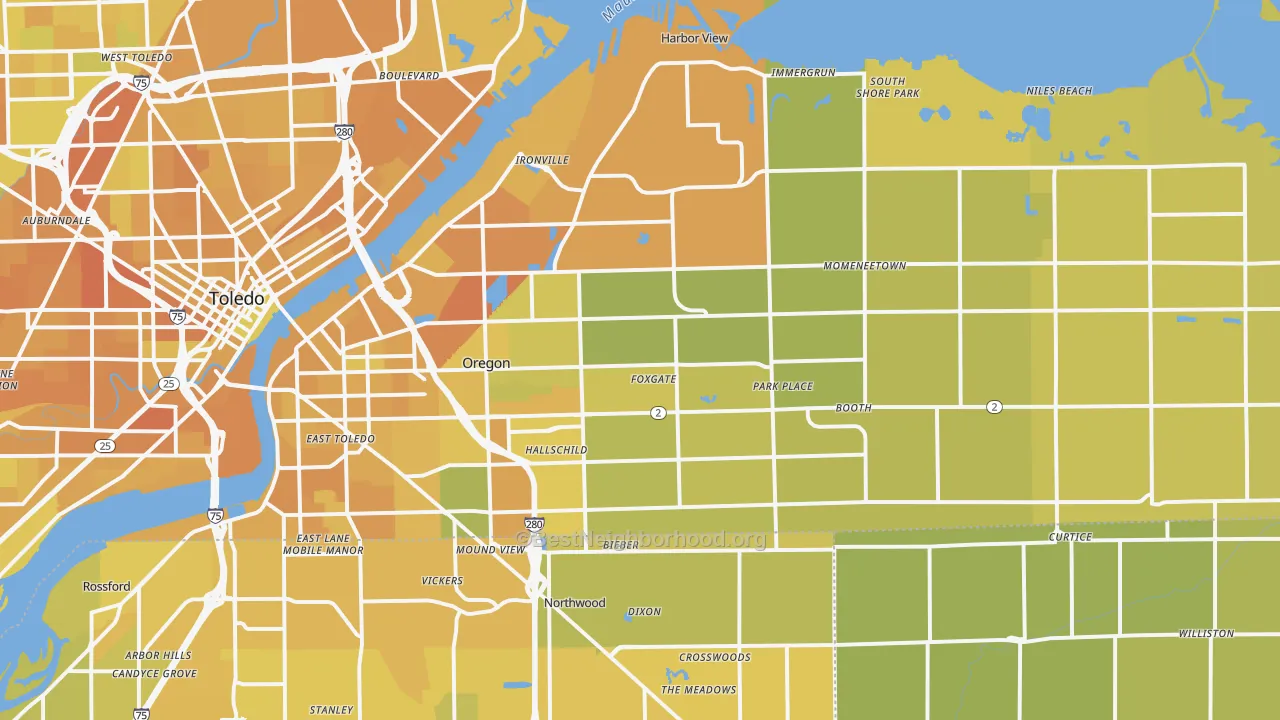 Map of the best neighborhoods in the 43616 area, with better matches in green and worse matches in red