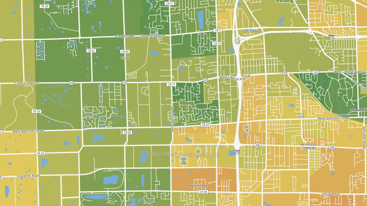 Map of the best neighborhoods in the 43617 area, with better matches in green and worse matches in red