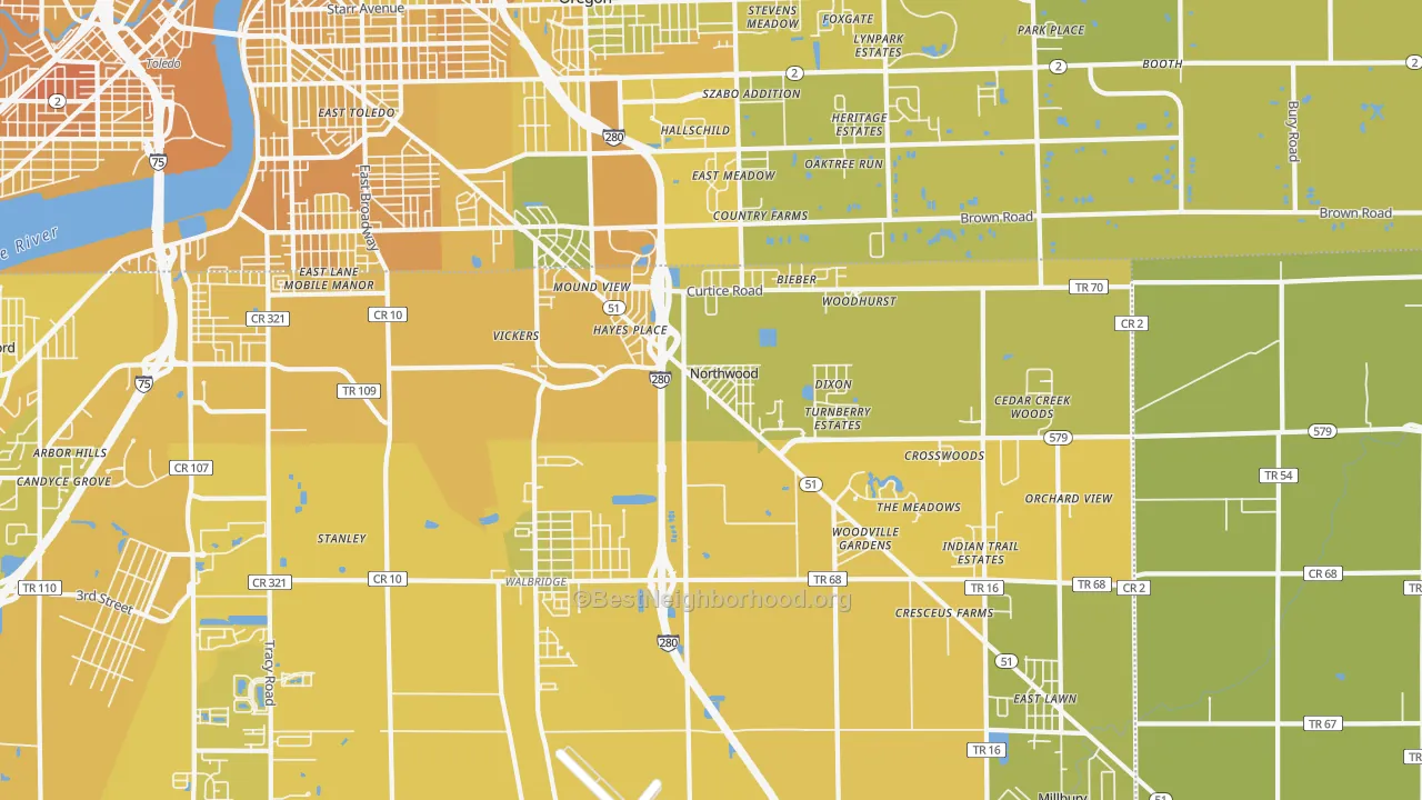 Map of the best neighborhoods in the 43619 area, with better matches in green and worse matches in red