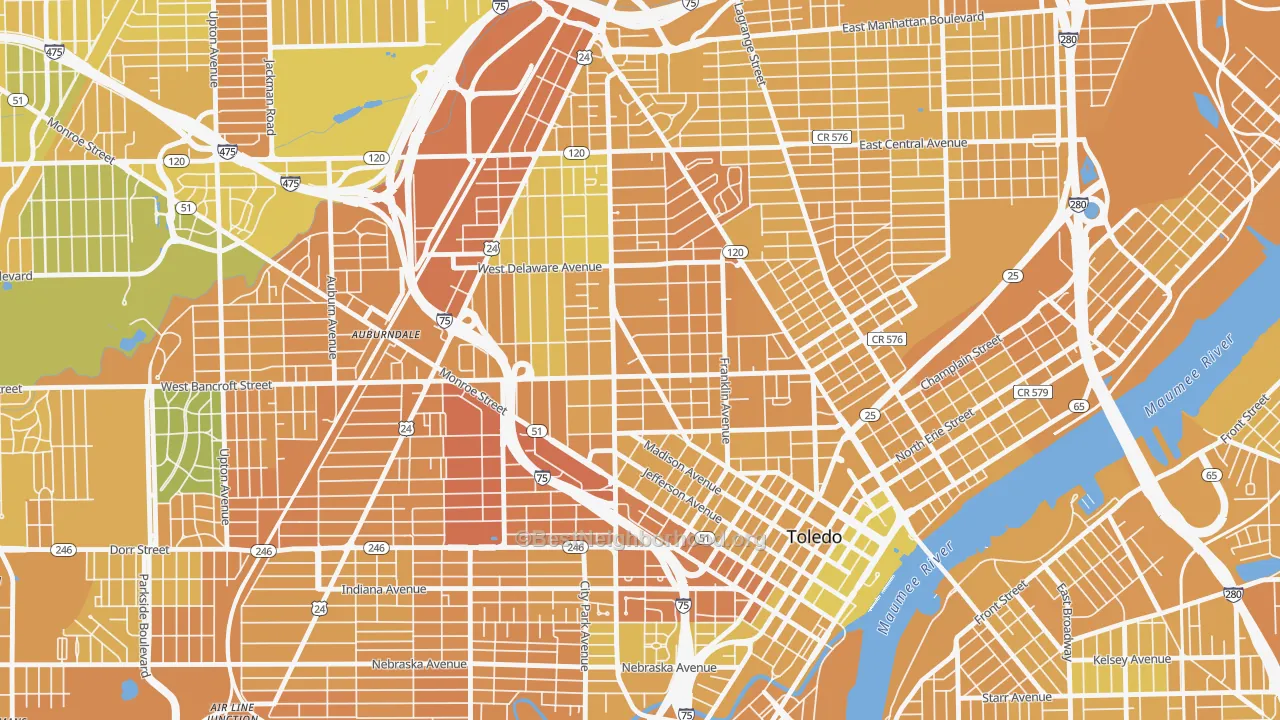 Map of the best neighborhoods in the 43620 area, with better matches in green and worse matches in red