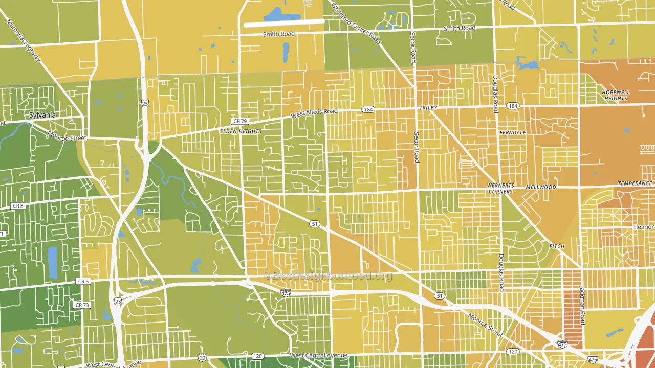 Map of the best neighborhoods in the 43623 area, with better matches in green and worse matches in red