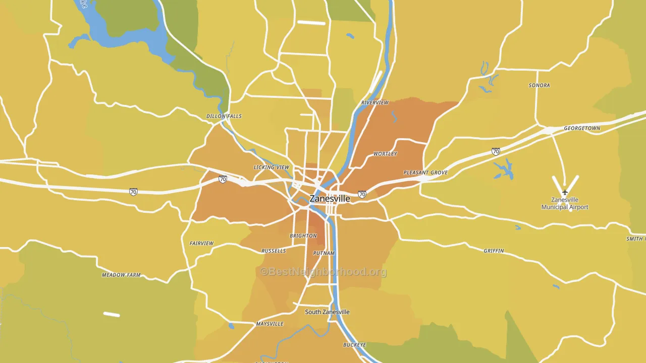 Map of the best neighborhoods in the 43701 area, with better matches in green and worse matches in red