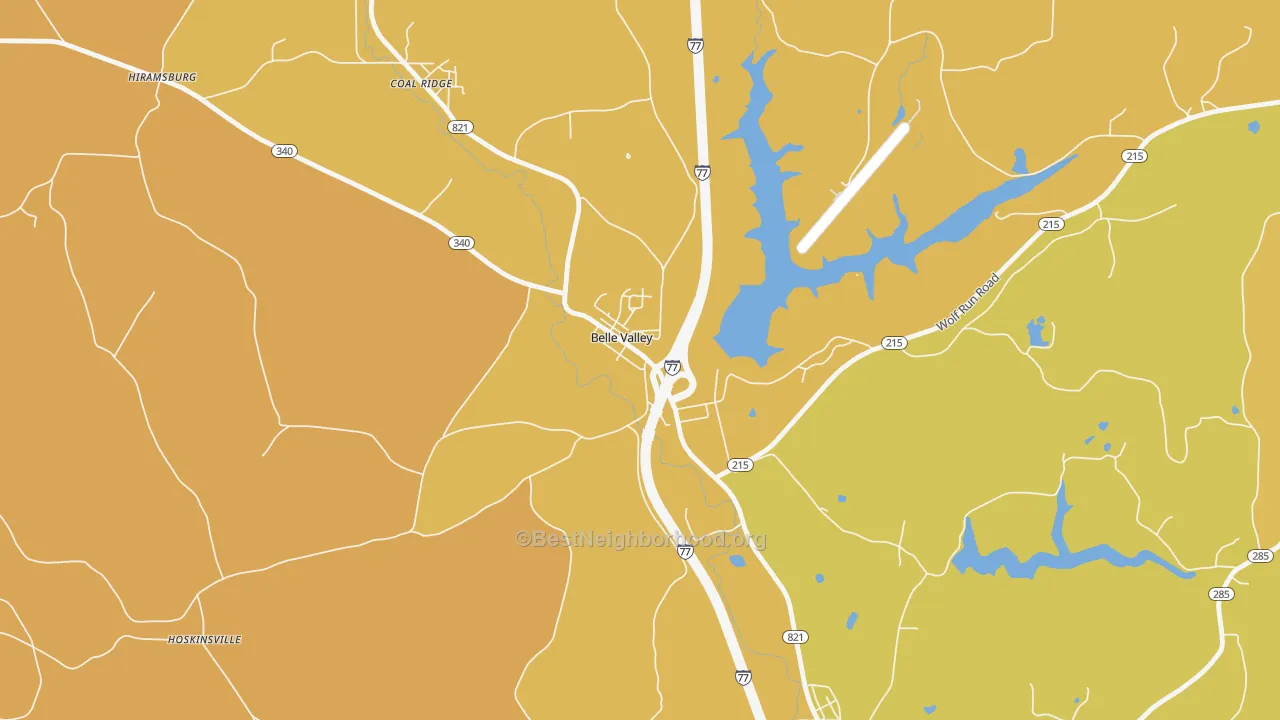 Map of the best neighborhoods in the 43717 area, with better matches in green and worse matches in red